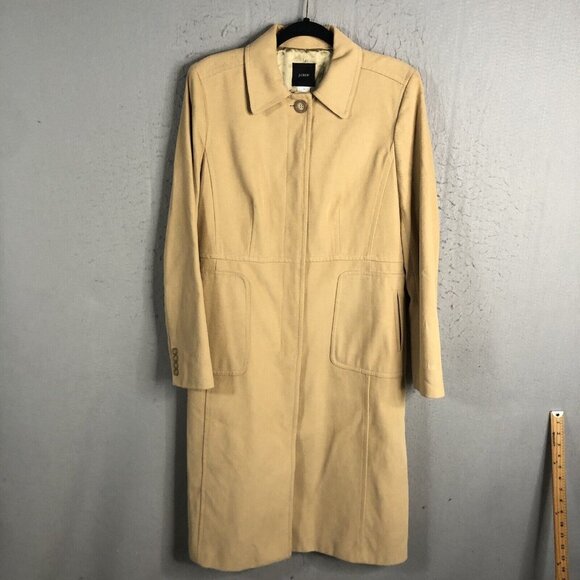 J Crew Long Coat Womens 12 Camel Khaki Ribbed Hidden Buttons Car Trench Classic